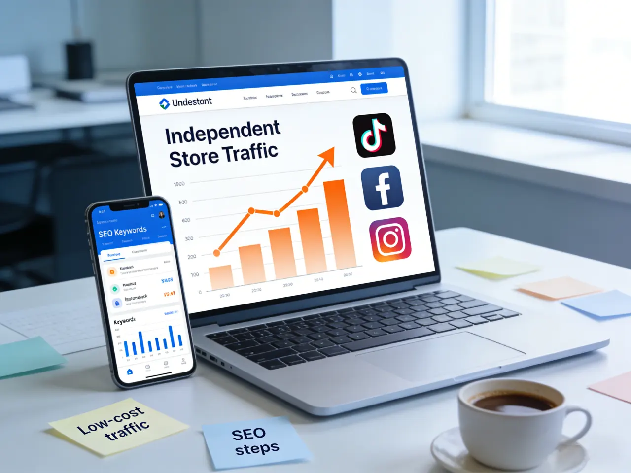 Workspace with laptop showing “Independent Store Traffic” chart, highlighting SEO keywords and social media platforms like TikTok, Facebook, and Instagram as drivers of traffic growth.