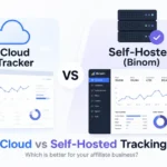 Side-by-side comparison of cloud and self-hosted affiliate tracking systems, showing a simple cloud tracker dashboard versus a Binom self-hosted server setup for media buying and performance tracking.