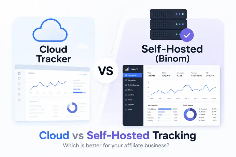 Side-by-side comparison of cloud and self-hosted affiliate tracking systems, showing a simple cloud tracker dashboard versus a Binom self-hosted server setup for media buying and performance tracking.