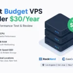 A clean and modern infographic showcasing a real-world comparison of budget VPS hosting under $30 per year. The design highlights key specifications such as 3 vCPU CPU, 4GB RAM, SSD storage, and global server locations including Los Angeles, San Jose, and New York. It represents a practical performance review of RackNerd and ColoCrossing VPS plans based on real usage scenarios like WordPress hosting and tracking systems.