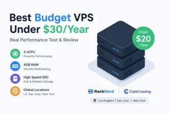 A clean and modern infographic showcasing a real-world comparison of budget VPS hosting under $30 per year. The design highlights key specifications such as 3 vCPU CPU, 4GB RAM, SSD storage, and global server locations including Los Angeles, San Jose, and New York. It represents a practical performance review of RackNerd and ColoCrossing VPS plans based on real usage scenarios like WordPress hosting and tracking systems.