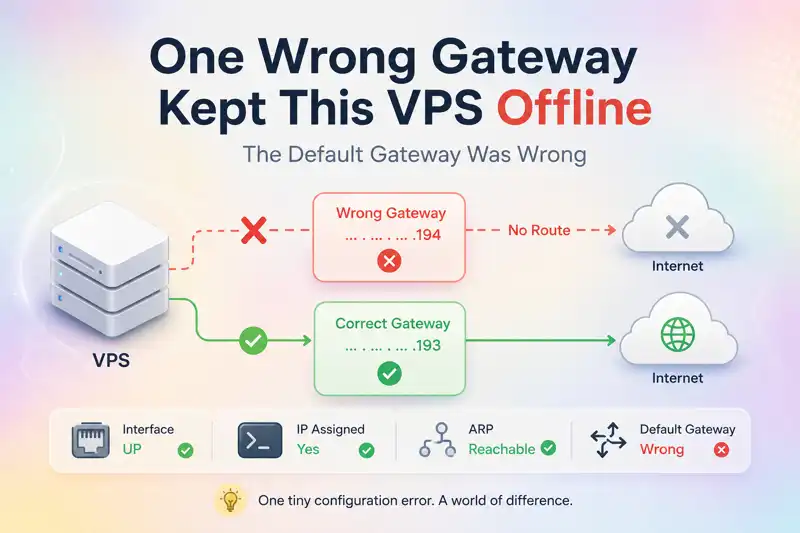 Clean WordPress feature image with a pastel frosted gradient background, visualizing a VPS network outage caused by an incorrect default gateway. Red and green routing paths compare a failed connection and a working connection, highlighting a simple but critical configuration error.