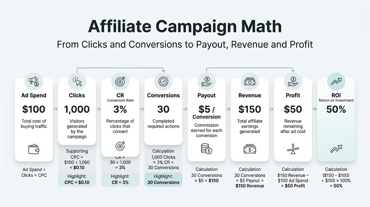 Affiliate campaign calculation showing how $100 in ad spend generates 1,000 clicks, 30 conversions at a 3% conversion rate, $5 payout per conversion, $150 revenue, $50 profit, and 50% ROI.