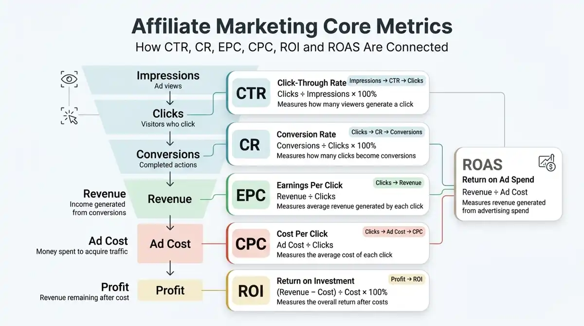 Infographic showing how CTR, CR, EPC, CPC, ROI, and ROAS relate to impressions, clicks, conversions, revenue, ad cost, and profit in affiliate marketing.