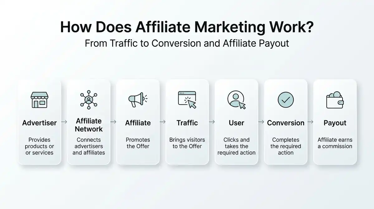 Affiliate marketing process showing how an advertiser connects with an affiliate through an affiliate network, from traffic and user action to conversion and payout.