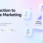 Modern SaaS-style hero banner introducing affiliate marketing terms, featuring a pastel gradient background, bold title text, and floating glassmorphism cards labeled CTR, EPC, Commission, Audience, and Conversion.