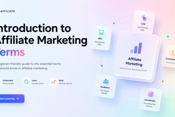 Modern SaaS-style hero banner introducing affiliate marketing terms, featuring a pastel gradient background, bold title text, and floating glassmorphism cards labeled CTR, EPC, Commission, Audience, and Conversion.