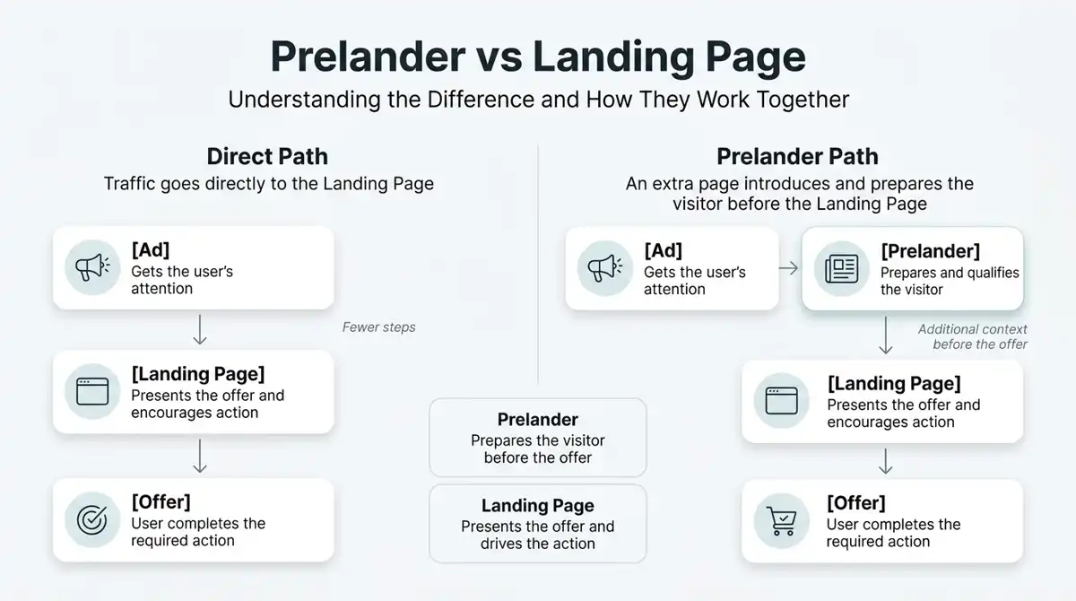 Comparison showing the direct path from ad to landing page and offer versus a prelander path that adds an intermediate page before the landing page.